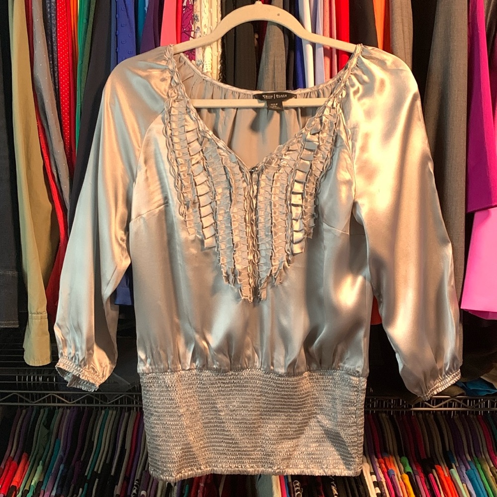 White House Black Market Silver Silk Holiday Blouse XS